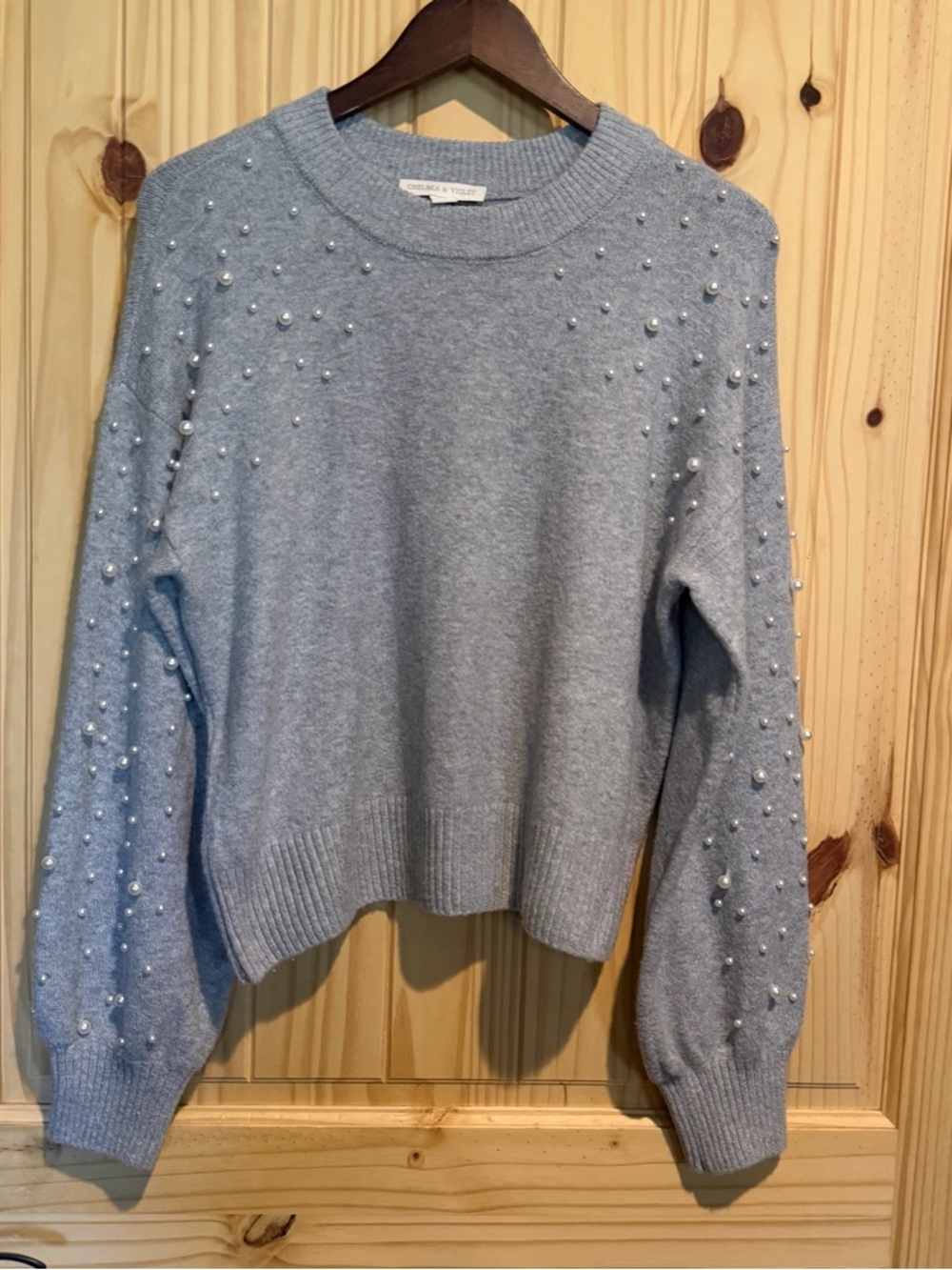 Chelsea & Violet Gray Pearl Embellished Merino Wool Blend Sweater Womens Medium